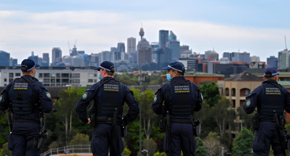 NSW police patrol the city on Saturday ahead of expected 'freedom' rallies. 
