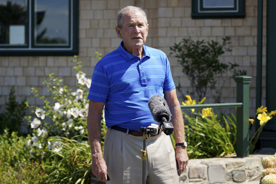 Former President George W. Bush speaks after having lunch with Sen. Susan Collins, R-Maine, Friday, Aug. 21, 2020, in Kennebunkport, Maine. Bush on Friday backed Collins in his first public endorsement of the 2020 election cycle. (AP Photo/Mary Schwalm)