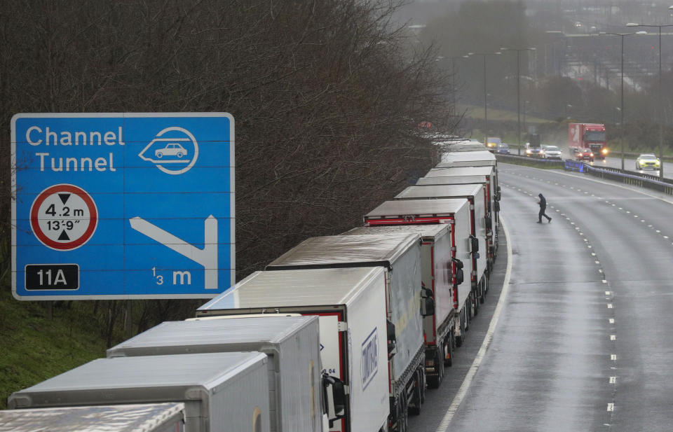 A Tory MP has claimed France’s border closure with the UK – which prompted huge lorry queues on the M20 near Folkestone in Kent on Monday morning – is proof 'we rely on imports too much'. (Steve Parsons/PA)