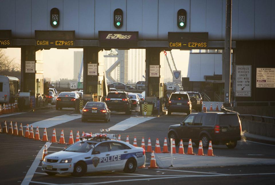 The George Washington Bridge toll booths are pictured in Fort Lee, New Jersey