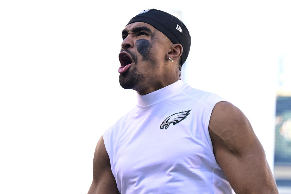 Philadelphia Eagles quarterback Jalen Hurts celebrates after their victory over the Pittsburgh Steelers during an NFL football game between the Pittsburgh Steelers and Philadelphia Eagles, Sunday, Oct. 30, 2022, in Philadelphia. The Eagles defeated the Eagles 35-13. (AP Photo/Derik Hamilton)