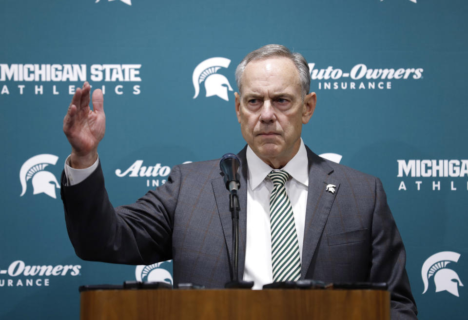 Michigan State's Mark Dantonio talks about his retirement as the NCAA college football team's coach, Tuesday, Feb. 4, 2020, in East Lansing, Mich. (AP Photo/Al Goldis)