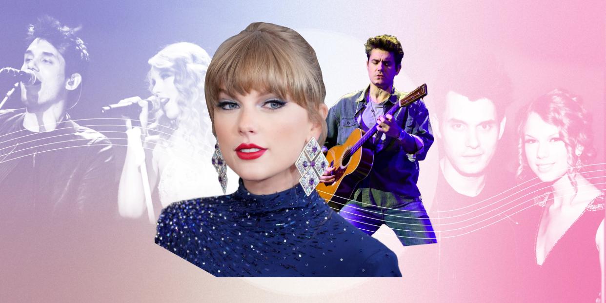 Headshot of Taylor Swift in front of a cutout of John Mayer playing guitar, on a pastel pink-purple gradient background overlaid with old photos of them together when they dated