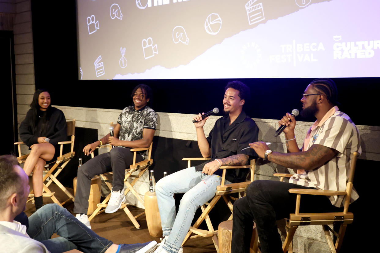 HOLLYWOOD, CALIFORNIA - JULY 13: (L-R) Juju Watkins, Ceyair J Wright, Malachi Nelson, and Kayvon Thibodeaux speak onstage during UNINTERRUPTED Film Festival 2023 Powered by Tribeca at NeueHouse Hollywood on July 13, 2023 in Hollywood, California. (Photo by Kayla Oaddams/Getty Images for UNINTERRUPTED )