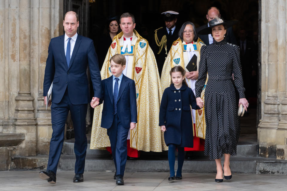 Prince William, Duke of Cambridge, Prince George of Cambridge, Princess Charlotte of Cambridge and Catherine, Duchess of Cambridge depart the memorial service for the Duke Of Edinburgh at Westminster Abbey on March 29, 2022 in London, England. (WireImage/Getty Images))