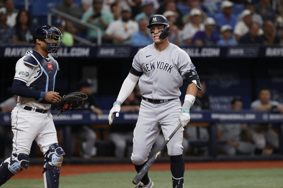 New York Yankees' Aaron Judge starts to walk away after striking out against the Tampa Bay Ray during the third inning of a baseball game Friday, Aug. 25, 2023, in St. Petersburg, Fla. (AP Photo/Scott Audette)