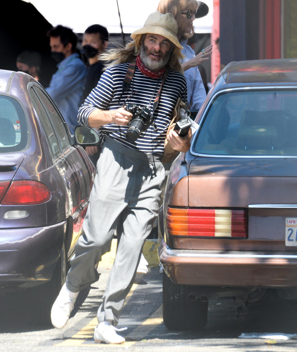 <p>Chris Pine gets into character on the Los Angeles set of his new project, <em>Poolman, </em>on June 30. </p>