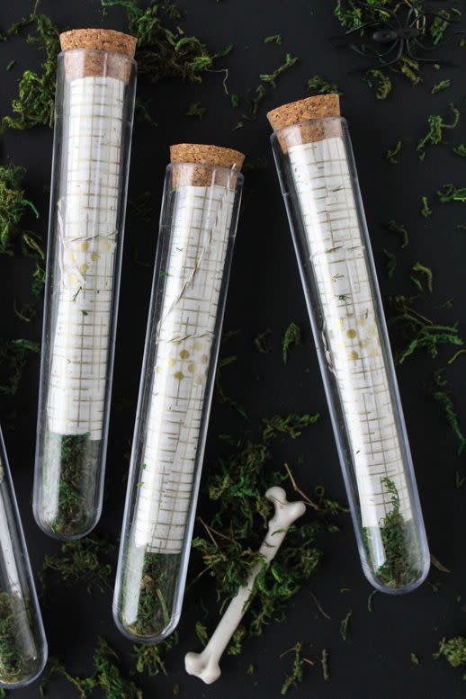<p>Don't limit Halloween party decor to the big event itself. Make sure your invitations are just as spirited and fun. These DIY test tubes from <a href="https://sugarandcloth.com/diy-scroll-test-tube-invitations/" rel="nofollow noopener" target="_blank" data-ylk="slk:Sugar and Cloth;elm:context_link;itc:0;sec:content-canvas" class="link ">Sugar and Cloth</a> will do the trick. </p><p><a class="link " href="https://www.amazon.com/16x150mm-Glass-Stoppers-Karter-Scientific/dp/B004O49X7Y/ref=asc_df_B004O49X7Y/?tag=syn-yahoo-20&ascsubtag=%5Bartid%7C10057.g.2554%5Bsrc%7Cyahoo-us" rel="nofollow noopener" target="_blank" data-ylk="slk:BUY NOW;elm:context_link;itc:0;sec:content-canvas">BUY NOW</a> <strong><em>Glass Test Tubes, $7</em></strong></p>