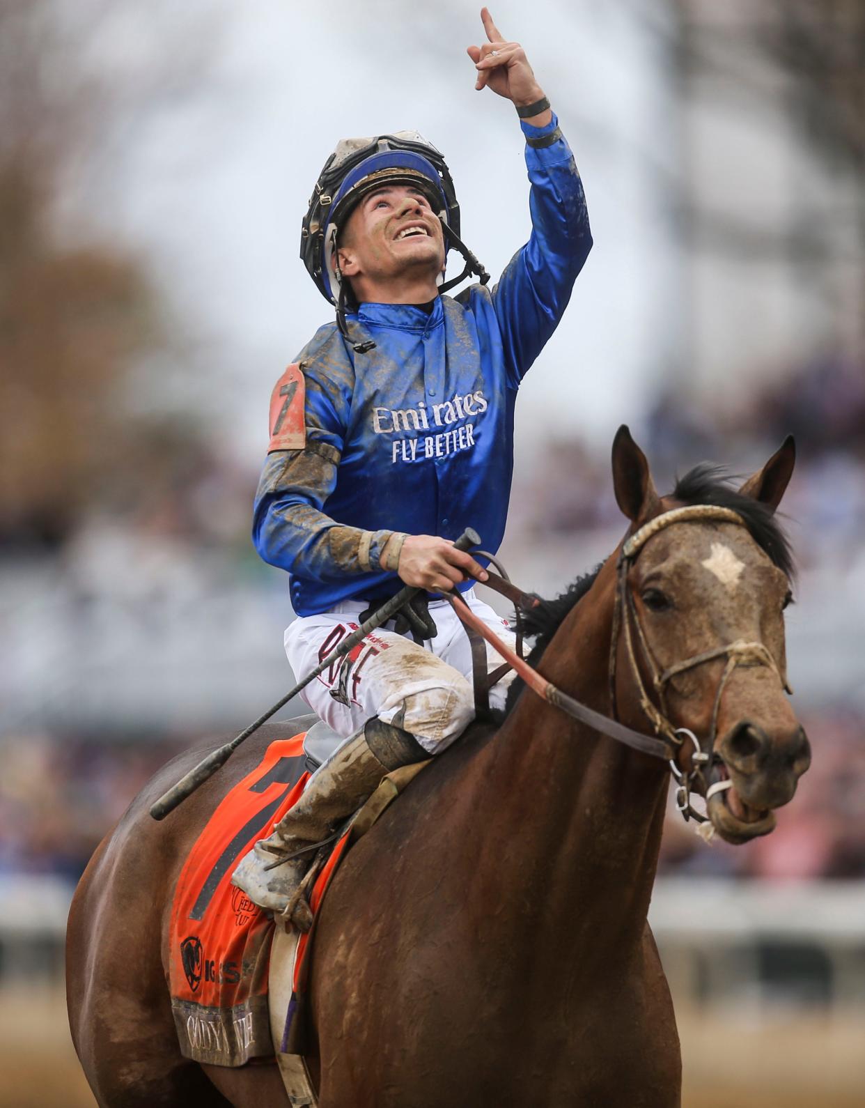 Jockey Junior Alvarado celebrates aboard Cody's Wish in the Big Ass Fans Breeders' Cup Dirt Mile Grade 1 at the Breeders' Cup World Championships at Keeneland in Lexington, Ky. Nov. 5, 2022.