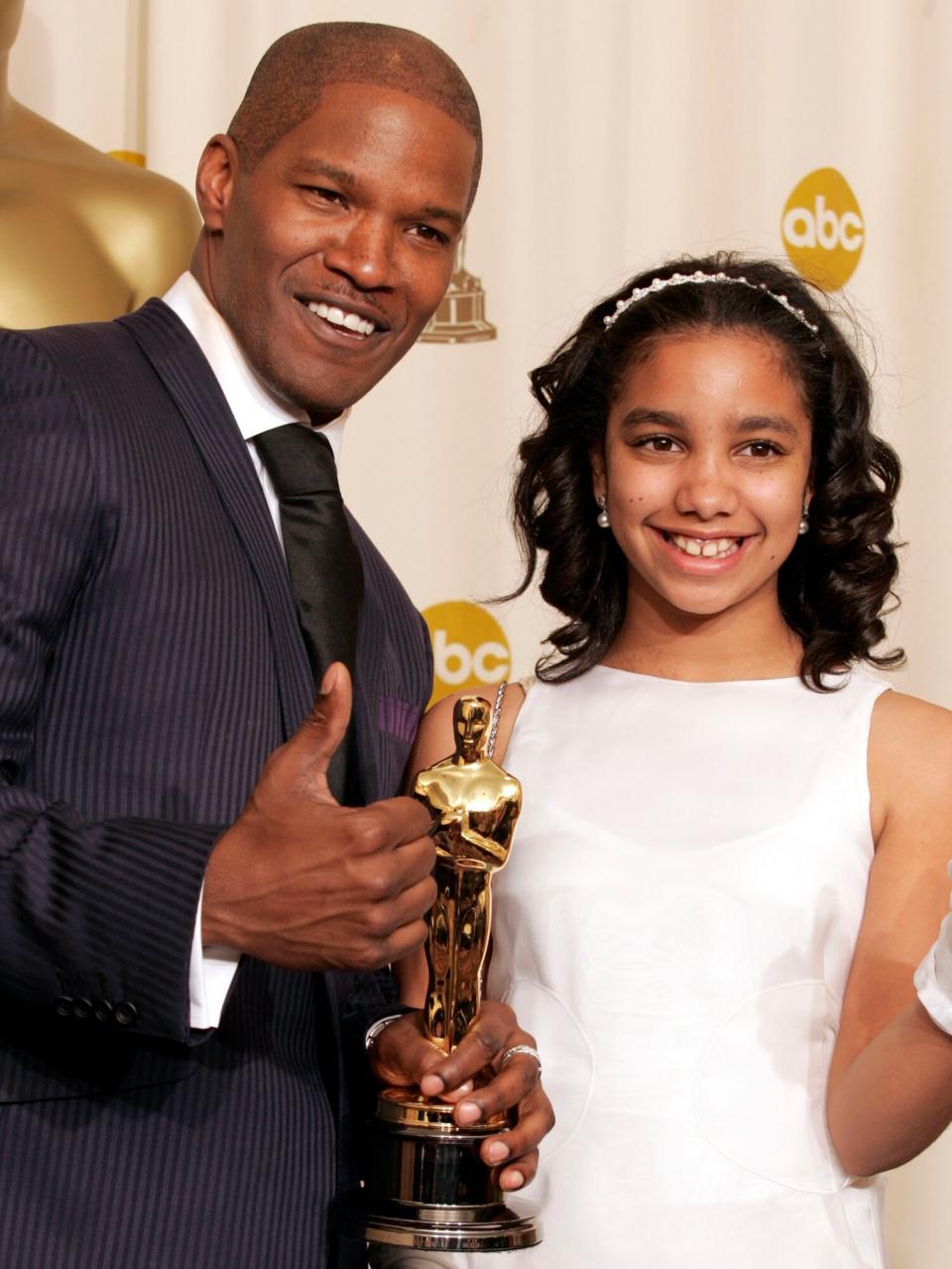 Jamie Foxx, winner Best Actor in a Leading Role for "Ray," and daughter Corrine Foxx at the Kodak Theatre in Hollywood, California