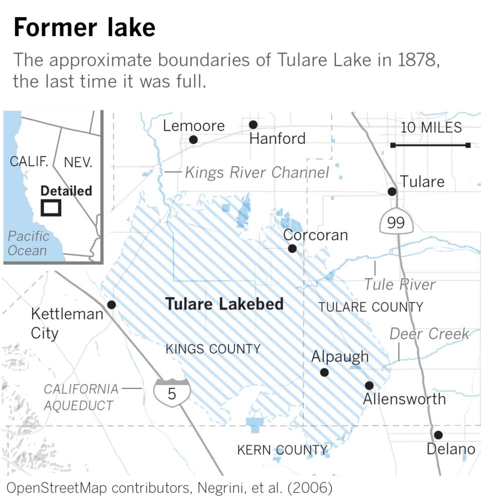 Approximate boundaries of Tulare Lake, between Interstate 5 and Highway 99 in the southern San Joaquin Valley.