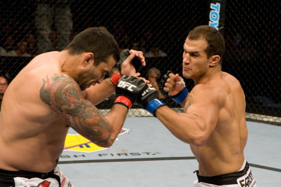 CHICAGO,IL - OCTOBER 25:  Junior dos Santos (white shorts) def. Fabricio Werdum (black/white shorts) - TKO - 1:21 round 1 during the UFC 90 at Allstate Arena on October 25,2008 in Chicago,Illinois. (Photo by: Josh Hedges/Zuffa LLC via Getty Images)