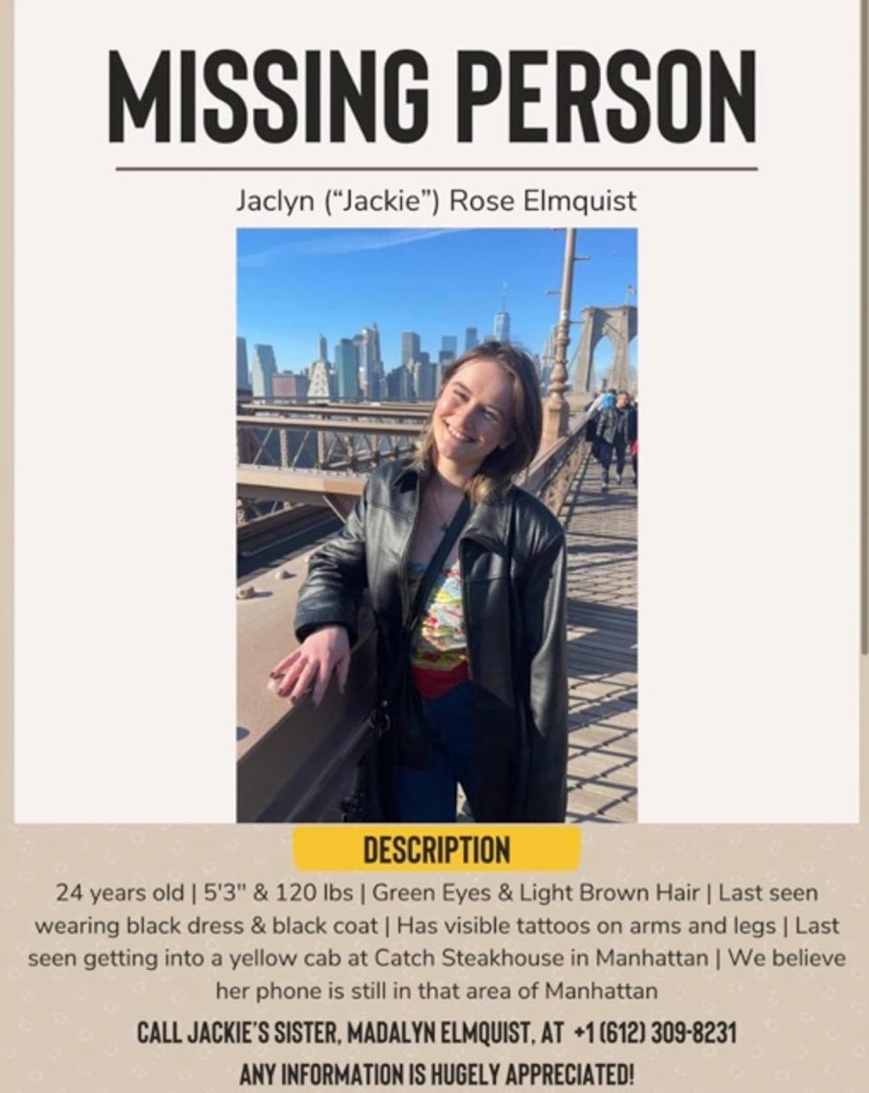 Jaclyn Elmquist’s family shared this missing poster online as they searched for the 24-year-old (Jaclyn Elmquist family)