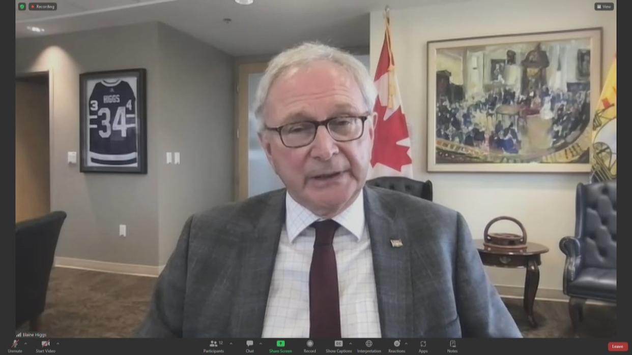 Premier Blaine Higgs showed disappointment with most aspects of the federal budget Tuesday. (Government of New Brunswick/Zoom - image credit)