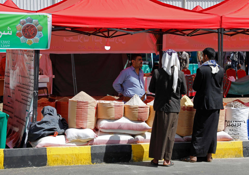 A Yemeni vendor displays various types of dry goods at a traditional market in Sanaa, Yemen, on Saturday, Oct. 1, 2022. Yemen’s warring parties face a deadline to renew a 6-month long truce on October 2. The conflict has left many Yemenis on the brink of starvation and food prices have spiked again amid an ongoing worldwide food crises. (AP Photo/Hani Mohammed)