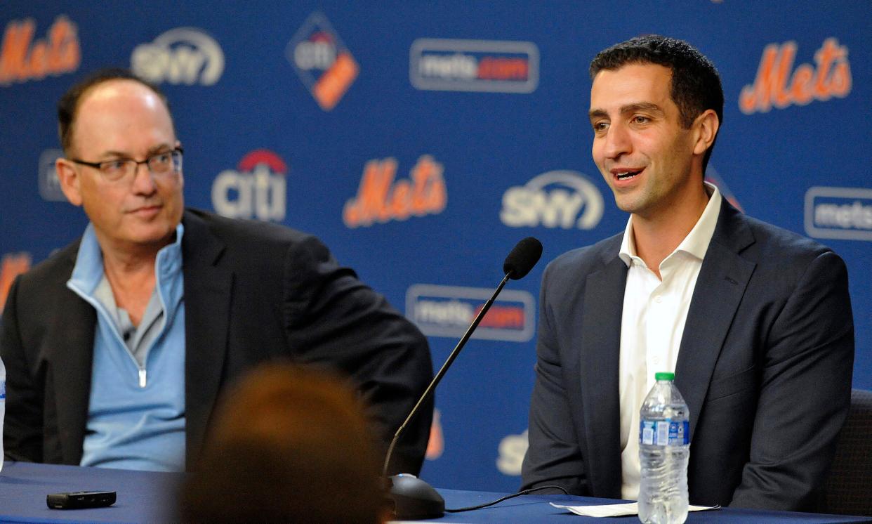 David Stearns, newly named New York Mets President of Baseball Operations, right, sits alongside Mets owner Steve Cohen during Mr. Stearns' introductory news conference at Citi Field in New York on Monday, Oct. 2, 2023. (James Escher/Newsday via AP)
