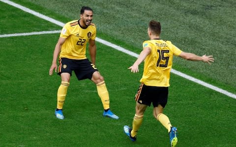 Nacer Chadli celebrates setting up thomas meunier's goal against England - Credit: Getty images