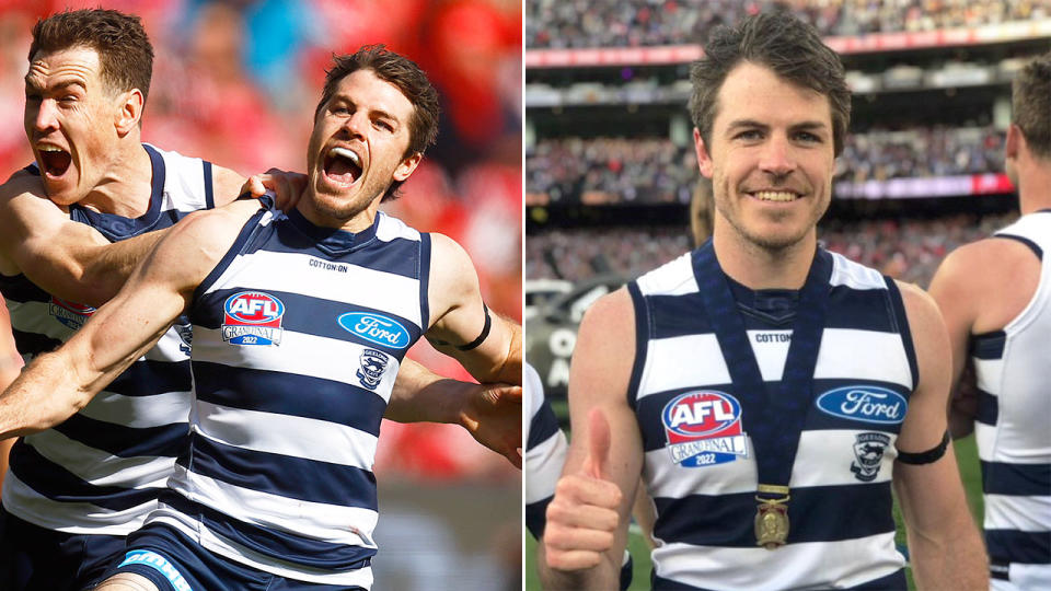 Pictured here, Geelong's Norm Smith Medal winner Isaac Smith celebrates his side's grand final win.