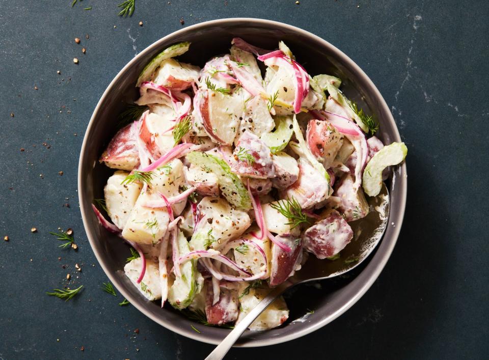 <p>This salad recipe is simple, with 2 types of mustard (Dijon for kick and whole-grain for a bit of sweetness) and some <a href="https://www.delish.com/cooking/recipe-ideas/a27245453/pickled-red-onions-recipe/" rel="nofollow noopener" target="_blank" data-ylk="slk:pickled red onions;elm:context_link;itc:0" class="link ">pickled red onions</a> for acid and crispness. With only 2/3 cup of mayo, it isn't too creamy but you still get the richness you expect in a <a href="https://www.delish.com/cooking/recipe-ideas/recipes/a53128/classic-potato-salad-recipe/" rel="nofollow noopener" target="_blank" data-ylk="slk:potato salad;elm:context_link;itc:0" class="link ">potato salad</a>.</p><p>Get the <strong><a href="https://www.delish.com/cooking/recipe-ideas/a36743797/red-potato-salad-recipe/" rel="nofollow noopener" target="_blank" data-ylk="slk:Red Potato Salad recipe;elm:context_link;itc:0" class="link ">Red Potato Salad recipe</a></strong>.</p>