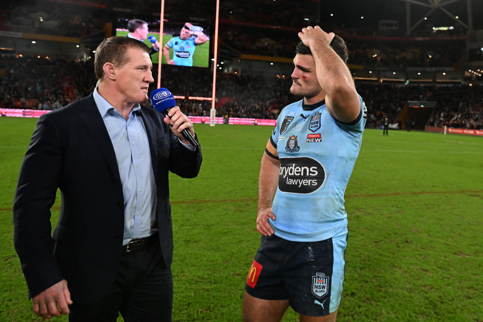 Nathan Cleary, pictured here speaking to Paul Gallen after NSW's loss in State of Origin III.