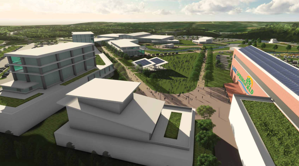 A rendering of the first concept for the power plant site proposes an Entertainment District. The district would be complete with a multi-use venue site, event lawn and pavilion and facilities for retail, residential and office uses.