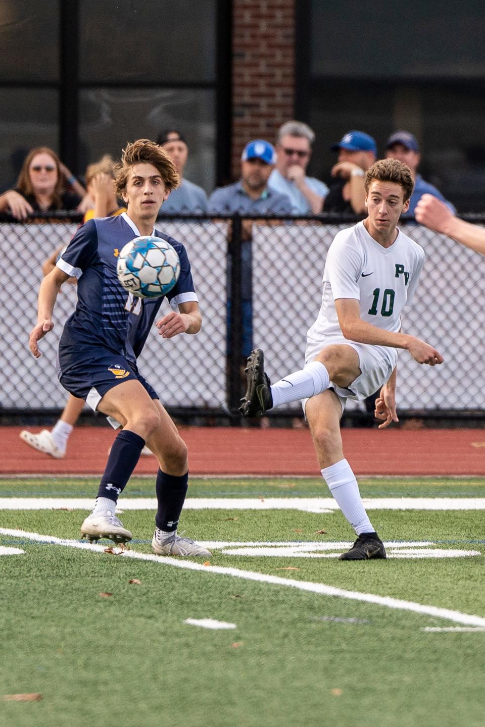 Ramsey hosts Pascack Valley in the North 1, Group 2 boys soccer semifinal on Saturday November 5, 2022. (From left) R #11 Luke Ernst and PV #10 Ethan Schwartz. 