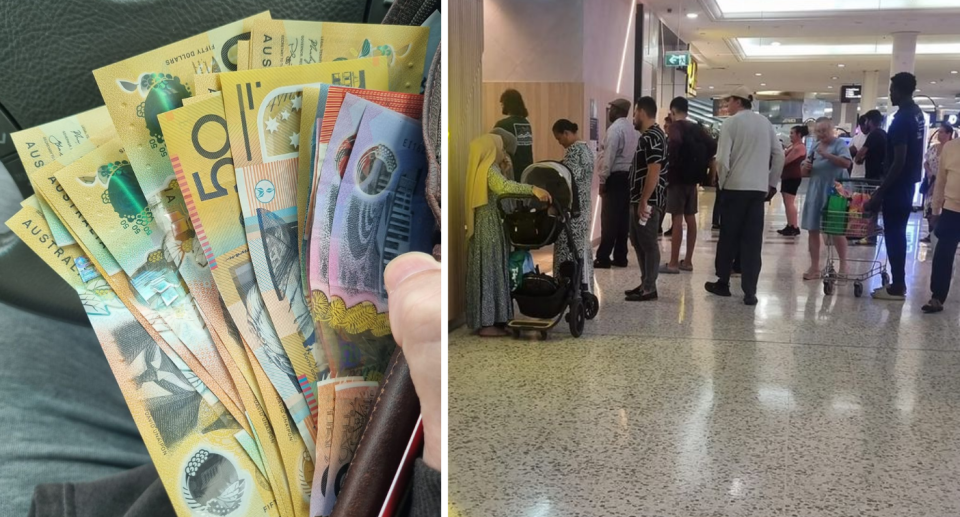 Wad of Australian money next to people lining up outside Australian bank
