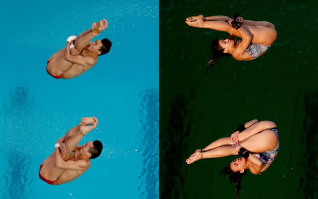 The diving pool on Monday, left, and on Tuesday  (Photo: Matt Dunham/AP)