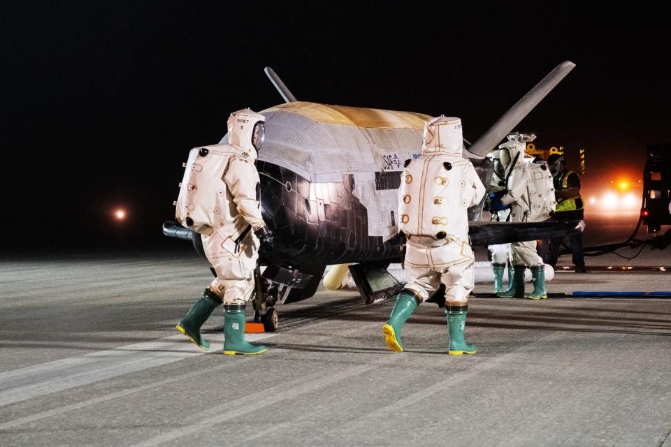 The X-37B at Kennedy Space Center, Florida. <em>U.S. Air Force photo by Staff Sgt. Adam Shank</em><br>