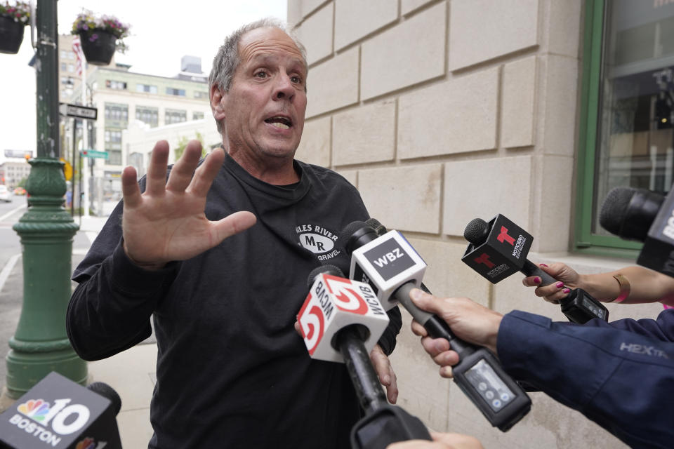 Paul Ventura, father of 18-year-old Mateo Ventura, both of Wakefield, Mass., speaks with reporters outside federal court, Thursday, June 8, 2023, in Worcester, Mass. Mateo Ventura appeared in federal court Thursday on a charge of knowingly concealing the source of material support or resources to a foreign terrorist organization, the U.S. attorney's office in Boston said in a statement. (AP Photo/Steven Senne)