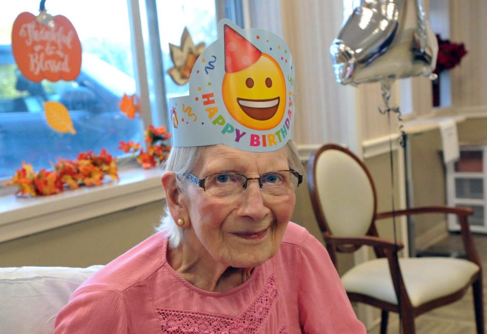 Jennie Zaborski smiles as she celebrates her 107th birthday at the Webster Park Rehabilitation and Healthcare Center in Rockland on Monday, Nov. 1, 2021. She was born Nov. 1, 1914 in Quincy, MA.