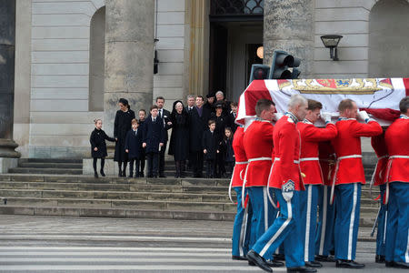 The royal Danish family stand outside Christiansborg Castle Church after the funeral service for Prince Henrik in Copenhagen, Denmark February 20, 2018. Ritzau Scanpix Denmark/Liselotte Sabroe/via REUTERS