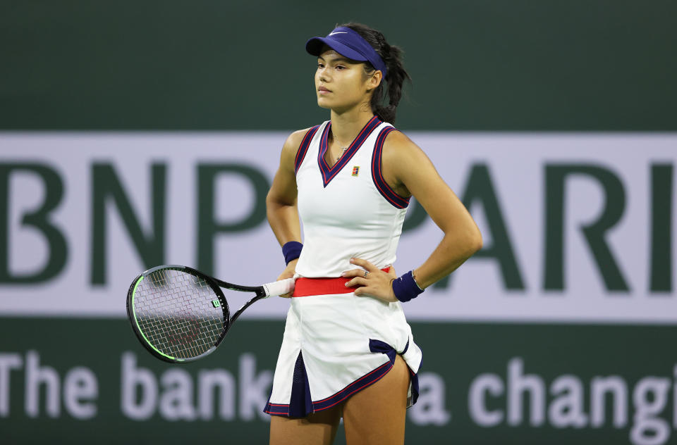 Seen here, Britain's Emma Raducanu looks disappointed during her loss at Indian Wells in 2021.