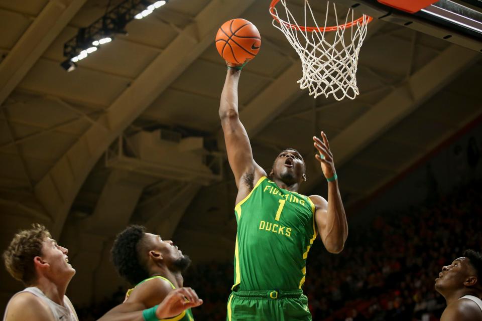 Oregon center N'Faly Dante dunks the ball as the Oregon Ducks take on the Oregon State Beavers at Gill Coliseum Feb. 25 in Corvallis.