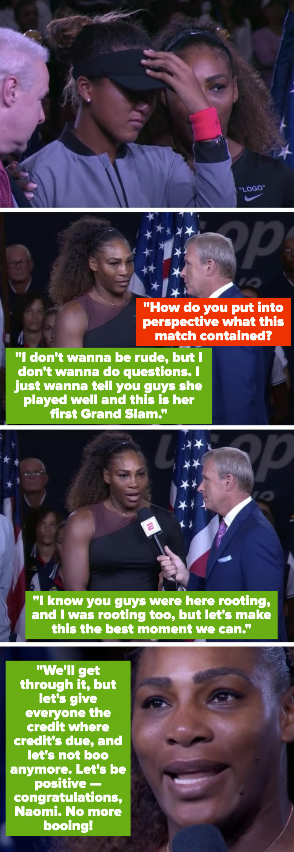 Williams to the crowd: "Let's give everyone the credit where credit's due, and let's not boo anymore. Let's be positive — congratulations, Naomi. No more booing!"