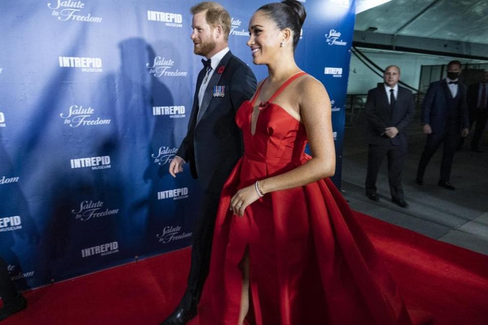 Prince Harry and Meghan Markle, Duke and Duchess of Sussex at the Salute to Freedom Gala Wednesday, Nov. 10, 2021, in New York. (AP Photo/Craig Ruttle)