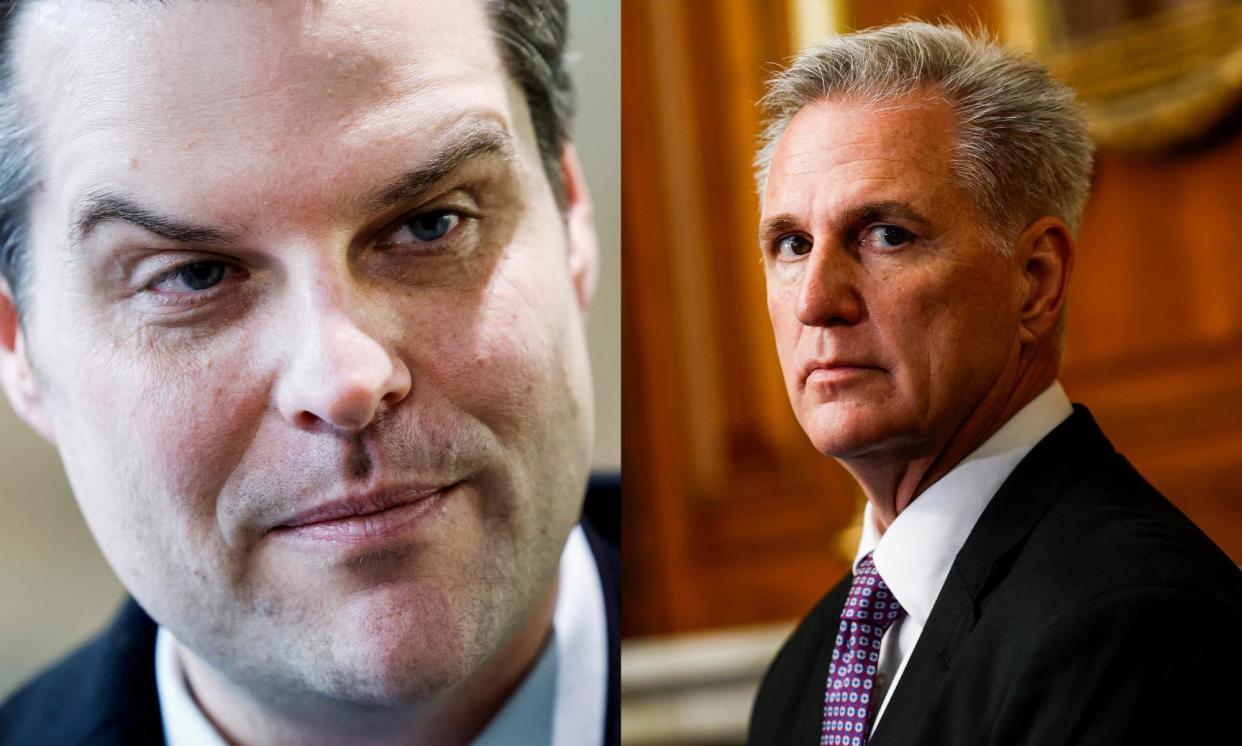 <span>Florida representative Matt Gaetz, left, reportedly pushed to remove Kevin McCarthy, right, in retaliation for the House ethics investigation.</span><span>Composite: Anna Moneymaker/Getty Images</span>