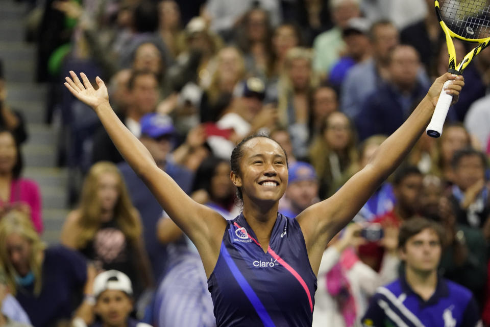 Leylah Fernandez, of Canada, reacts after defeating Naomi Osaka, of Japan, during the third round of the US Open tennis championships, Friday, Sept. 3, 2021, in New York. (AP Photo/John Minchillo)