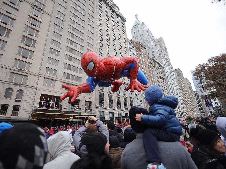 A Spider-Man balloon at the Macy's thanksgiving day parade