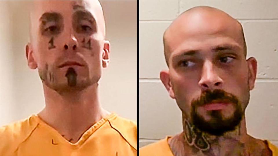 Skylar Meade, 31, left and Nicholas Umphenour, 28, appeared in Idaho’s 4th Judicial District via video conference Monday. Umphenour is suspected of helping Meade, a prisoner, escape at Saint Alphonsus Regional Medical Center in Boise on March 21.