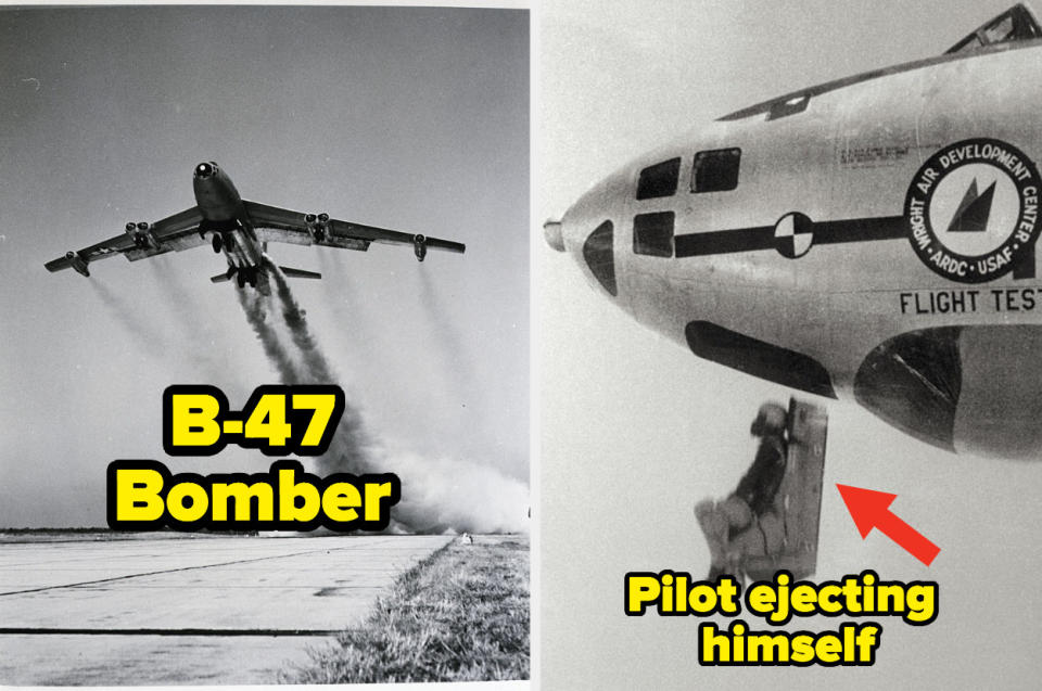 A B-47 bomber; a pilot ejecting himself from an a F-86 plane