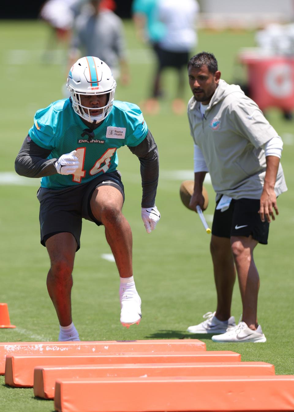 Chop Robinson #44 of the Miami Dolphins participates in rookie minicamp on May 10, 2024 in Miami Gardens, Florida. (Photo by Carmen Mandato/Getty Images)