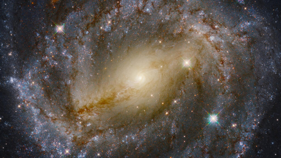 A spiral galaxy glowing with stars and a brilliantly luminous "active galactic nucleus." This galaxy could go through a midlife crisis.