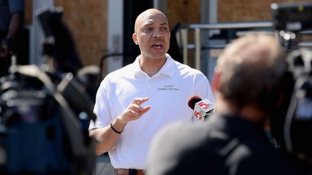 PHOTO: Ferguson Police Chief, Jason Armstrong speaks to media as volunteers help cleanup from an overnight clash between protesters and law enforcement at the Ferguson Police Department on May 31, 2020 in Ferguson, Missouri. (Michael B. Thomas/Getty Images, FILE)