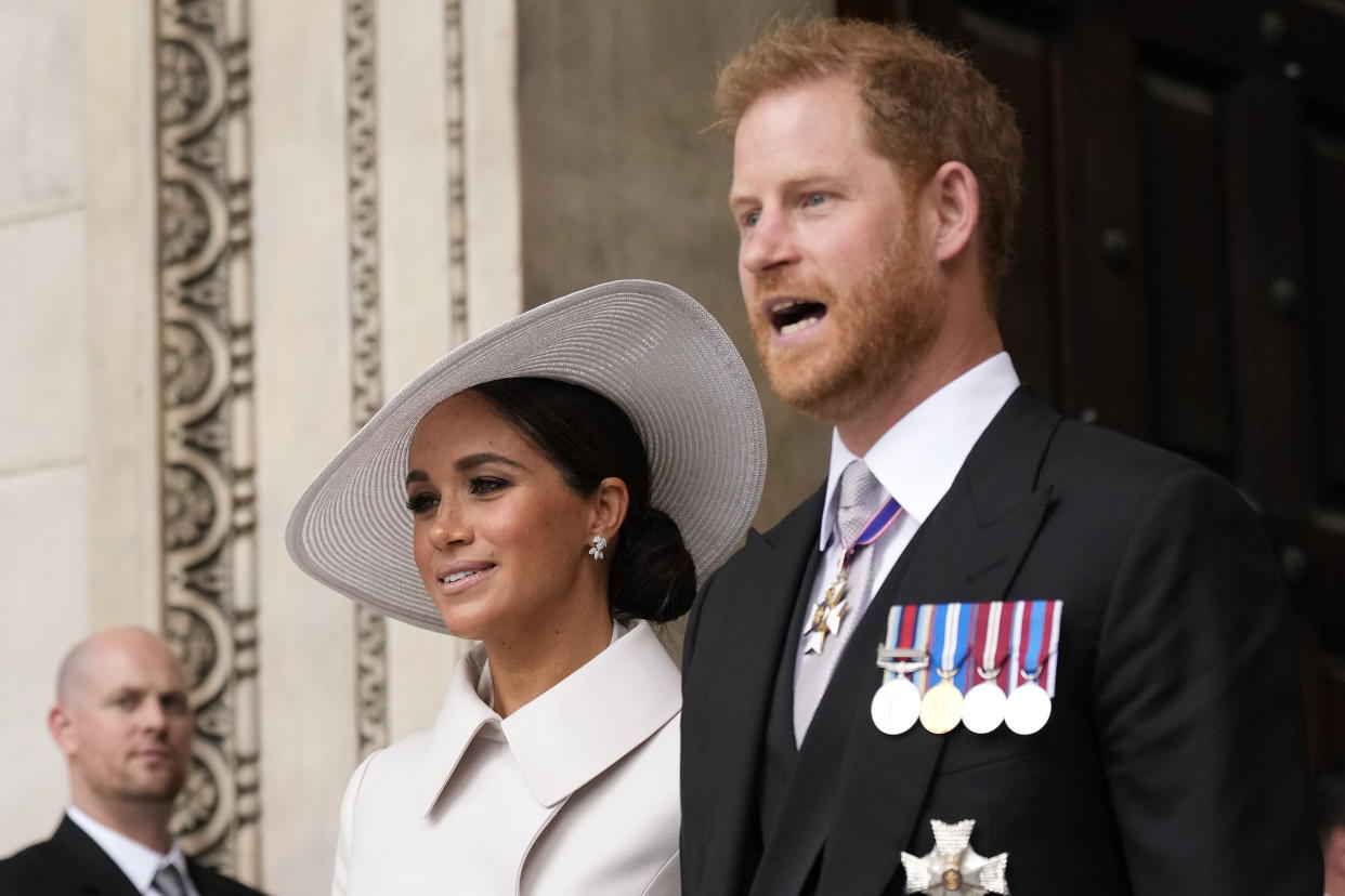 The Duke and Duchess of Sussex leaving the National Service of Thanksgiving at St Paul's Cathedral, London, on day two of the Platinum Jubilee celebrations for Queen Elizabeth II. Picture date: Friday June 3, 2022.