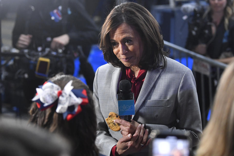 FILE - In this Nov. 21, 2019, file photo, then-Democratic presidential candidate Sen. Kamala Harris, D-Calif., listens to a question in the spin room after a Democratic presidential primary debate in Atlanta. (AP Photo/John Amis, File)