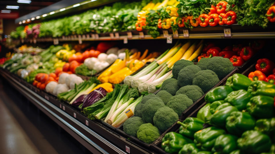 A busy produce section in a grocery store, with heaps of fresh fruits and vegetables.