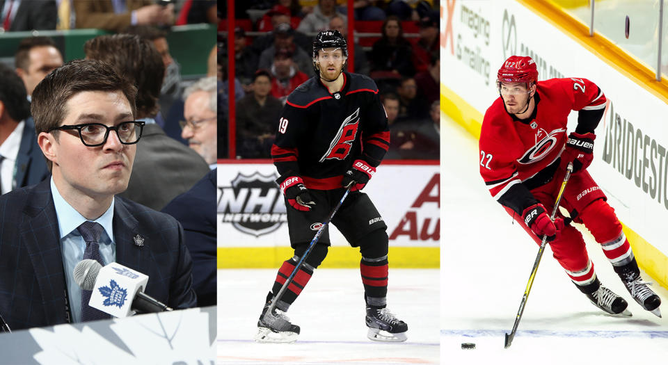 Maple Leafs general manager Kyle Dubas (left) and his team have been keeping their eyes on Carolina’s Dougie Hamilton (centre) and Brett Pesce (right). (Getty Images)