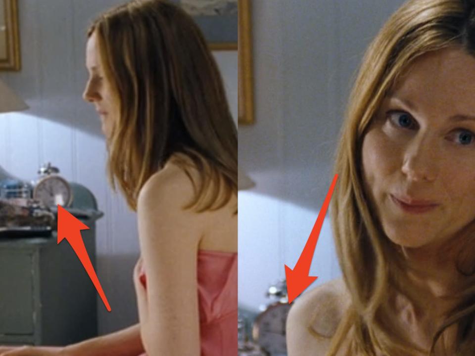 arrows pointing to two pictures of sarah's clocks in love actually