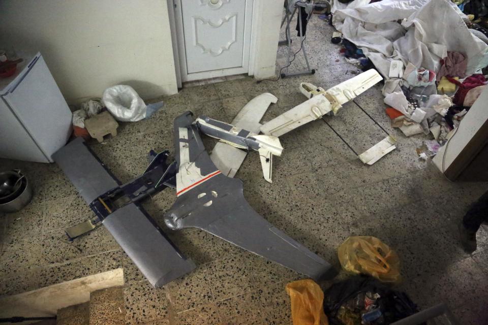 In this Friday, Jan. 27, 2017 photo, drones belonging to Islamic State militants in Mosul, Iraq. Islamic State is hacking store-bought drone technology, using rigorous testing and tactics that mimic those used by U.S. unmanned aircraft to adapt to diminishing numbers of fighters and a battlefield that is increasingly difficult to navigate on the ground. (AP Photo/ Khalid Mohammed)